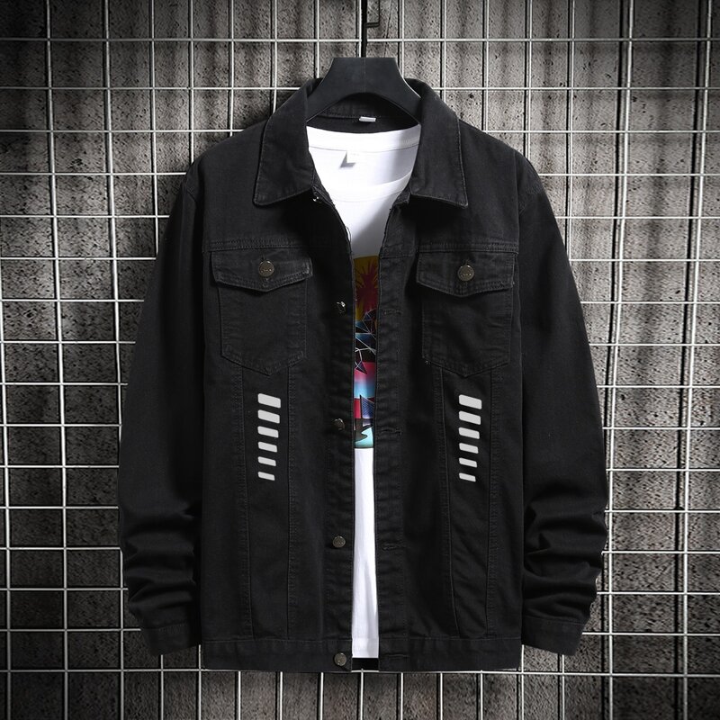

Guys Flap Pocket Stripe Denim Trucker Jacket, Black