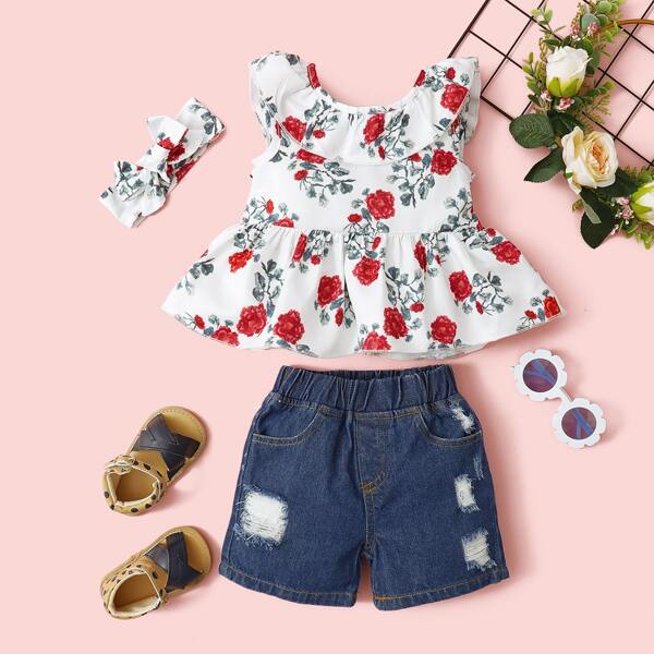 

Baby Girl Floral Print Peplum Top & Denim Shorts & Headband, Multicolor