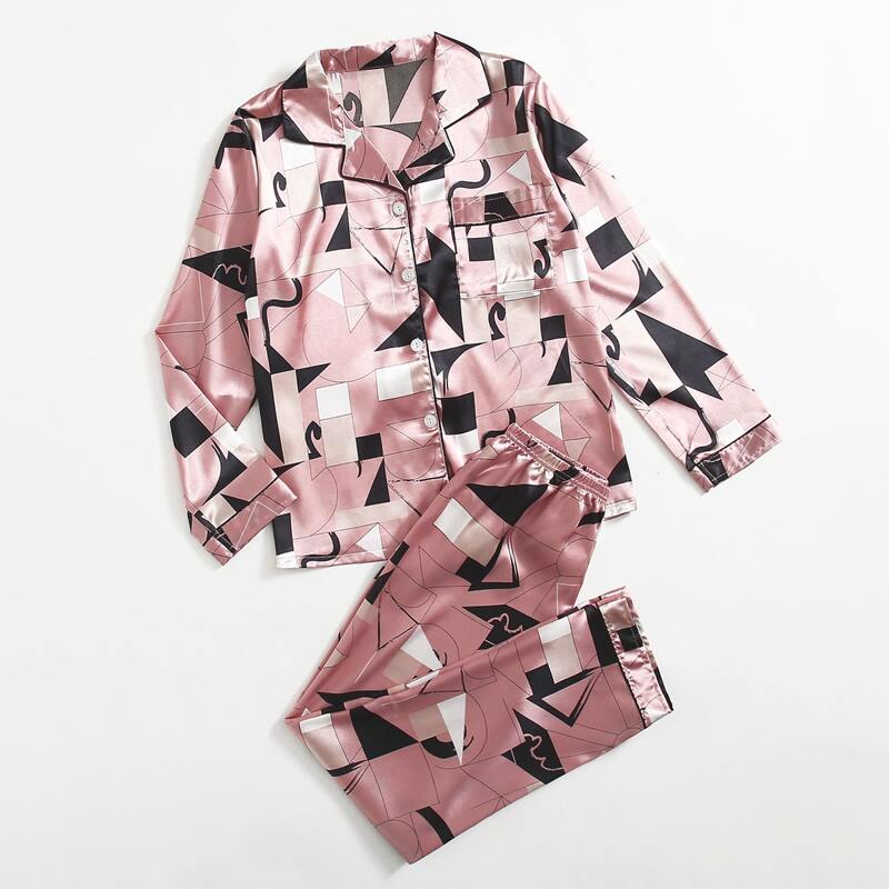 

Geometric Pattern Button Front Satin PJ Set, Pink