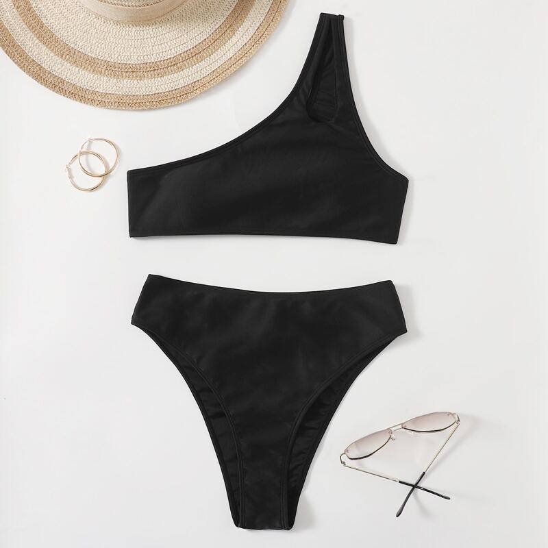 

One Shoulder High Waist Bikini Swimsuit, Black