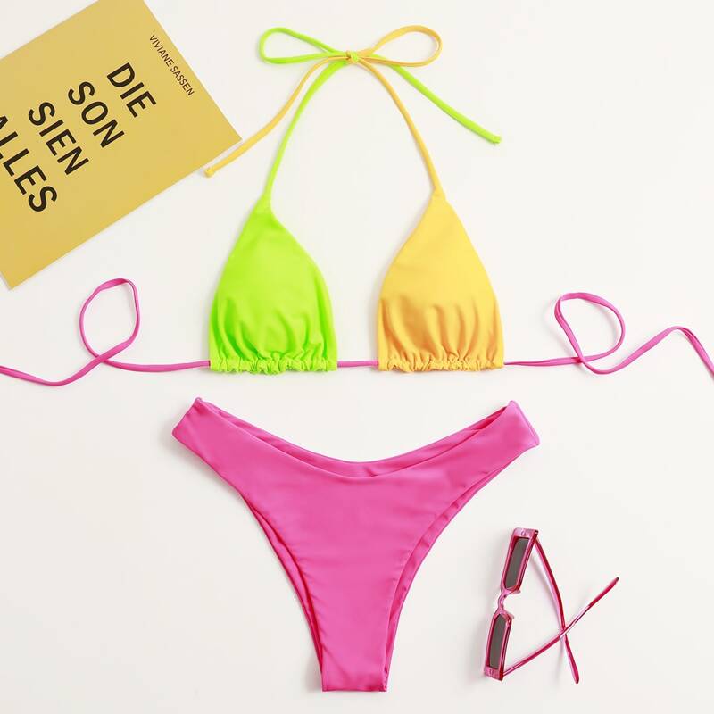 

Colorblock Triangle Halter Bikini Swimsuit, Multicolor