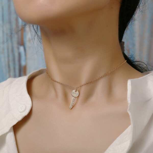 

Letter Engraved Key Charm Choker, Gold