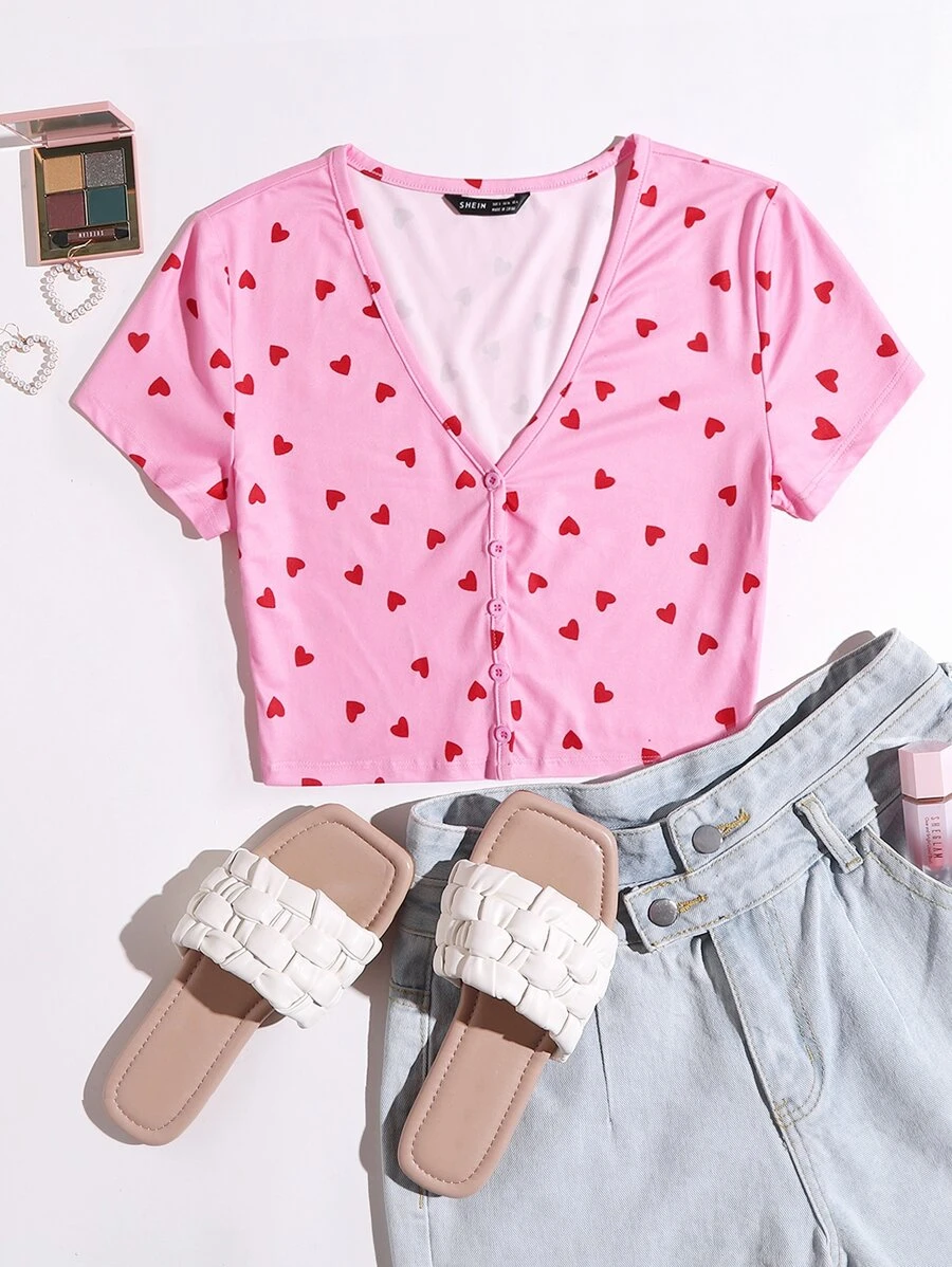 Muchica Allover Heart Print Tee - Pink - View 1