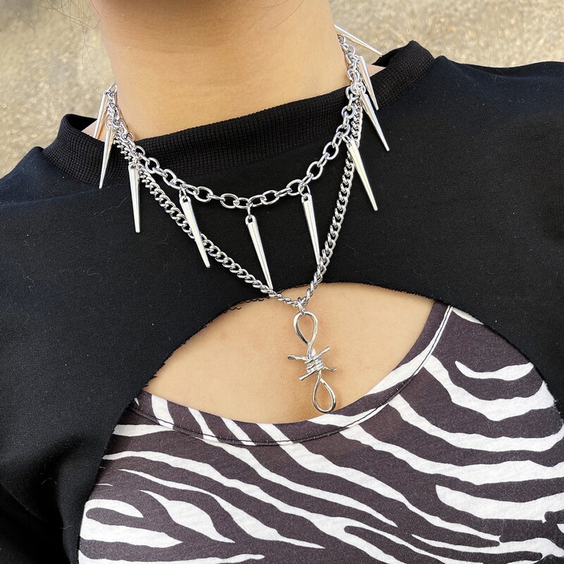 

Spiked Layered Chain Necklace, Silver