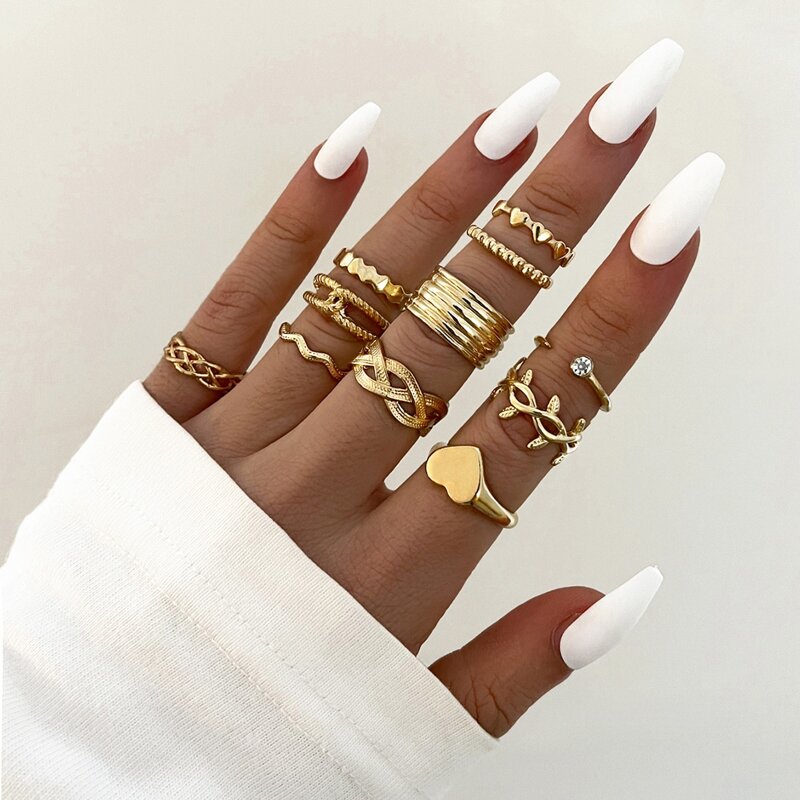 

11pcs Leaf & Heart Ring, Gold