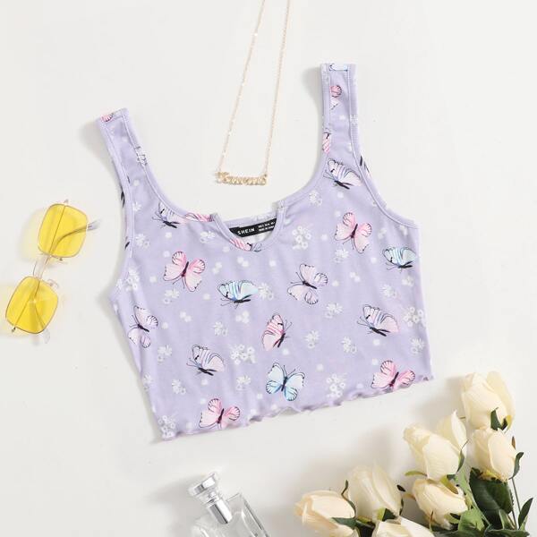

Notched Neck Lettuce Trim Ditsy Floral and Butterfly Print Tank Top, Lilac purple