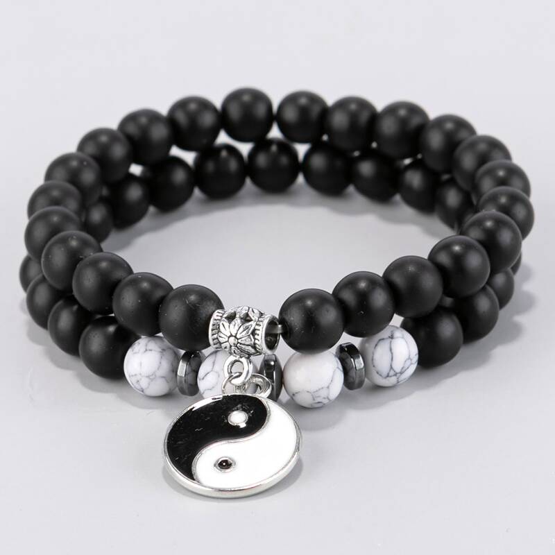 

2pcs Guys Yin & Yang Decor Beaded Bracelet, Multicolor