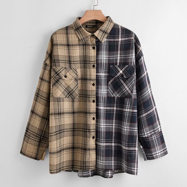 

Plus Flap Pocket Plaid Colorblock Blouse, Multicolor