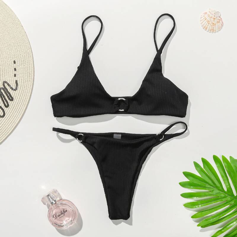 

Rhinestone Ring Decor Thong Bikini Swimsuit, Black