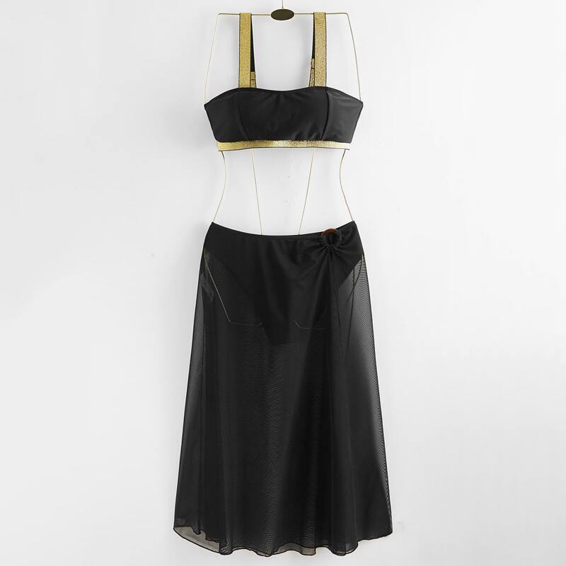 

Contrast Binding Bikini Swimsuit & Cover Up Skirt, Black