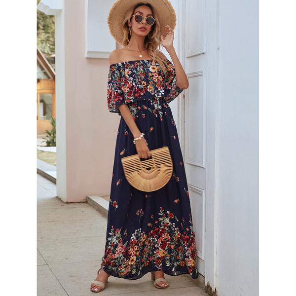 

Off Shoulder Floral Maxi Dress, Navy blue