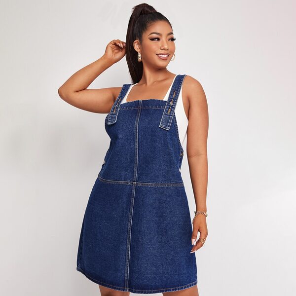 

Plus Dual Pocket Back Overall Dress, Dark wash