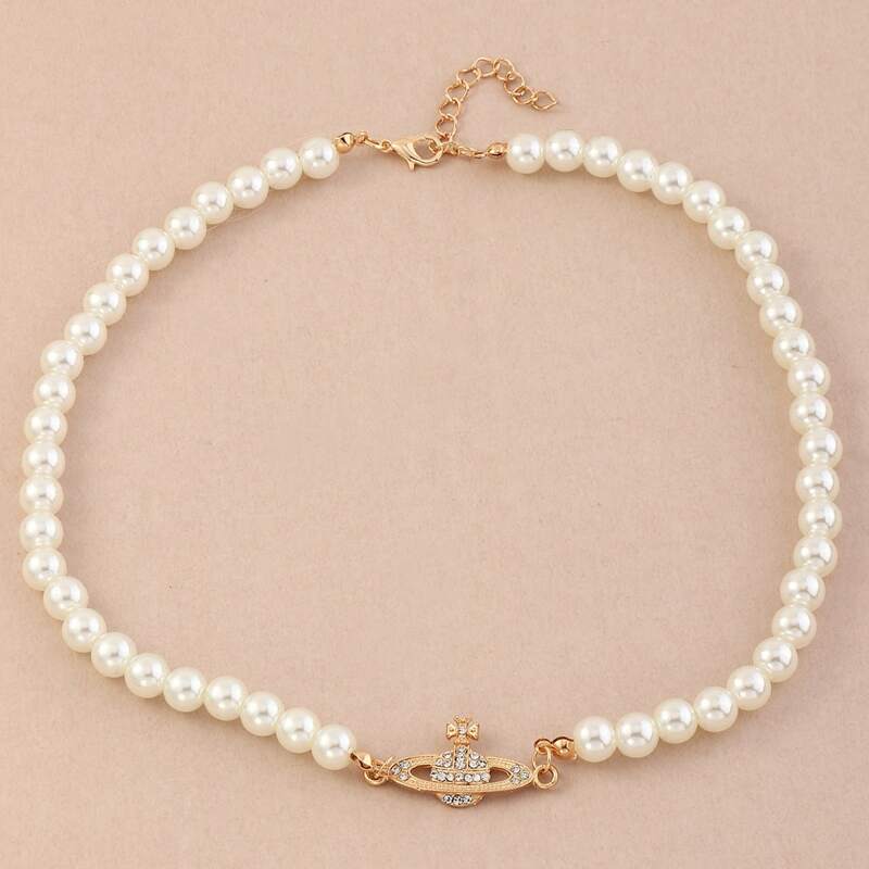 

Rhinestone Planet Faux Pearl Necklace, White