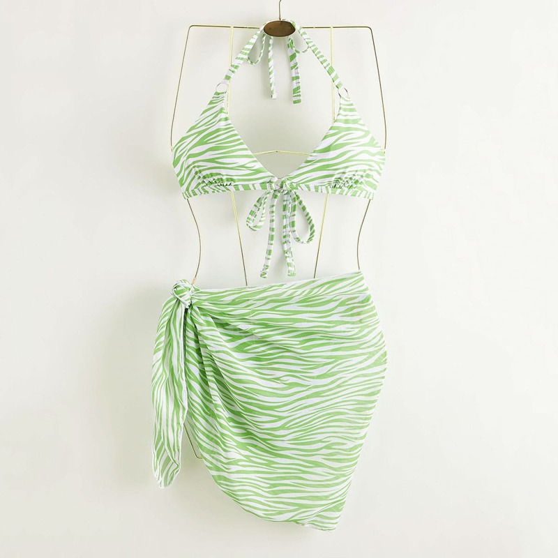 

3pack Zebra Stripe Bikini Swimsuit & Beach Skirt, Green