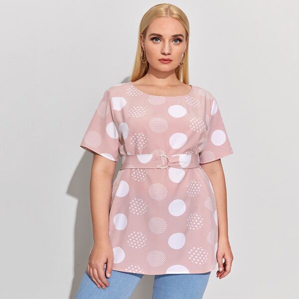 

Plus Polka Dot Belted Longline Top, Baby pink