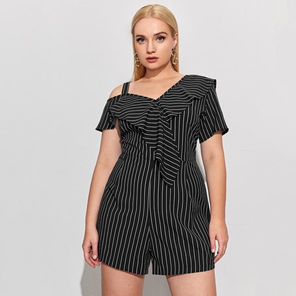 

Plus Asymmetrical Neck Striped Romper, Black