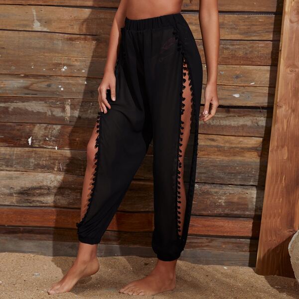 

Pom Pom Trim Split Chiffon Pants, Black