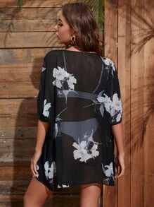 SHEIN Swim Floral Print Sheer Chiffon Kimono,Summer Beach - Black - View 2