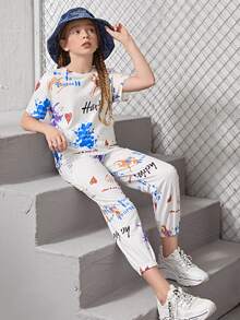 SHEIN 女孩字母和墨水飛濺圖案上衣和褲子套裝 - 白色 - 查看 3