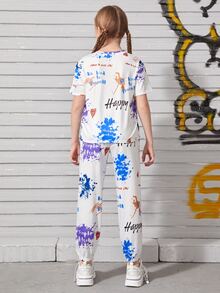 SHEIN 女孩字母和墨水飛濺圖案上衣和褲子套裝 - 白色 - 查看 2