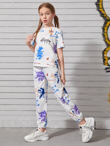 SHEIN 女孩字母和墨水飛濺圖案上衣和褲子套裝 - 白色 - 查看 4