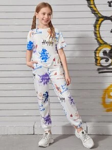 SHEIN 女孩字母和墨水飛濺圖案上衣和褲子套裝 - 白色 - 查看 1