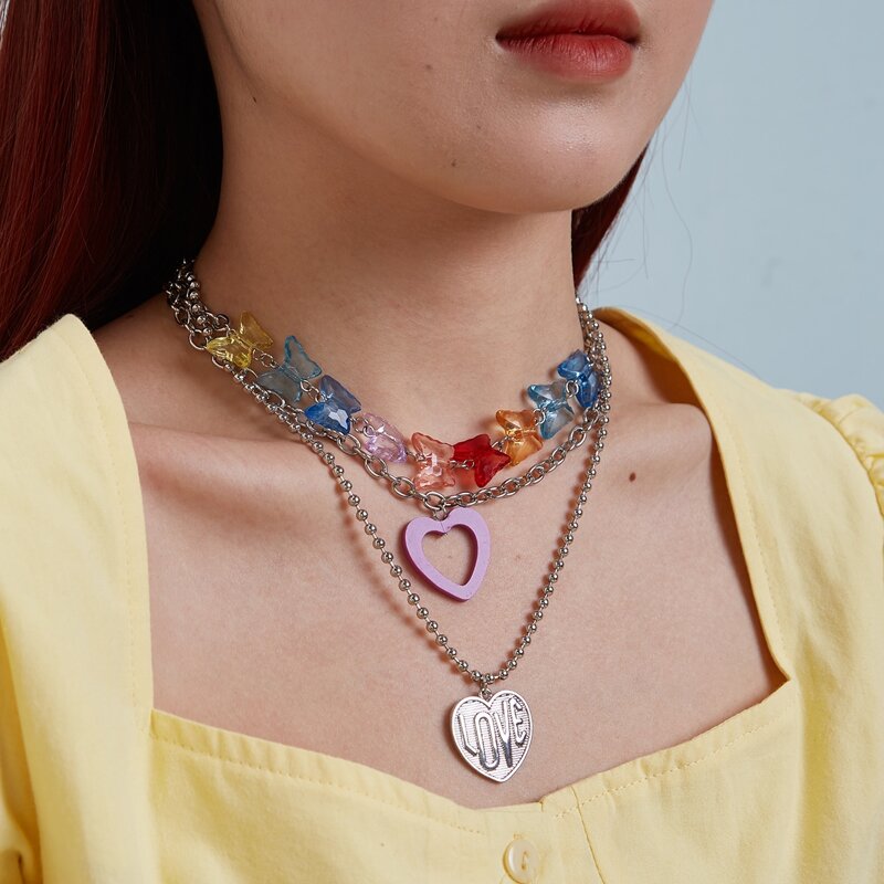 

Heart Charm Layered Necklace, Multicolor