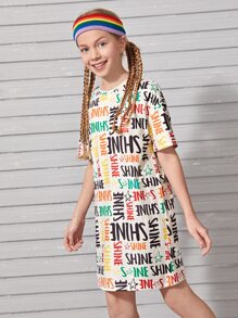 SHEIN Girls Letter and Star Print Dress - Multicolor - View 1