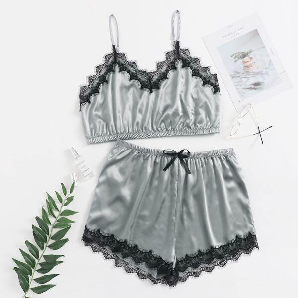 

Plus Satin Lace Trimed Bow PJ Set, Grey
