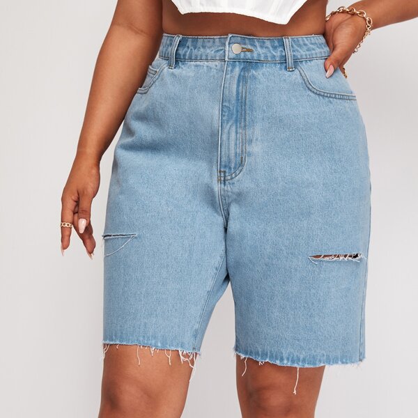 

Plus Ripped Raw Hem Bermuda Denim Shorts, Light wash