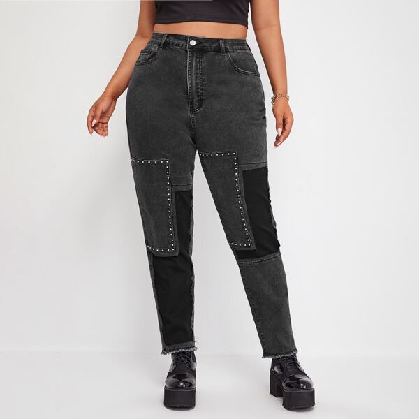 

Plus Contrast Panel Raw Hem Jeans, Dark grey