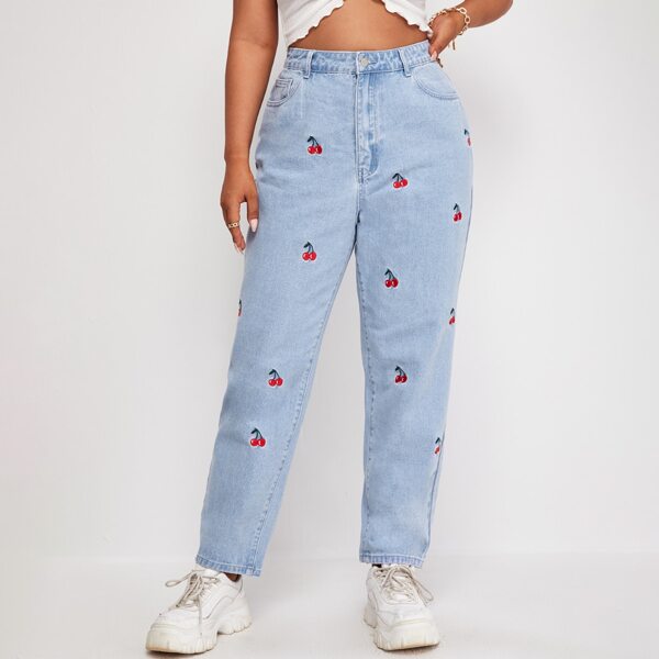 

Plus Cherry Embroidery Carrot Jeans, Light wash