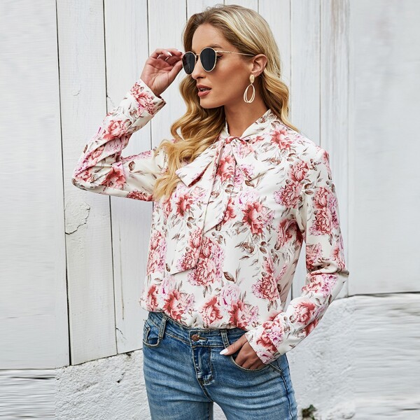 

Floral Tie Neck Top, Multicolor