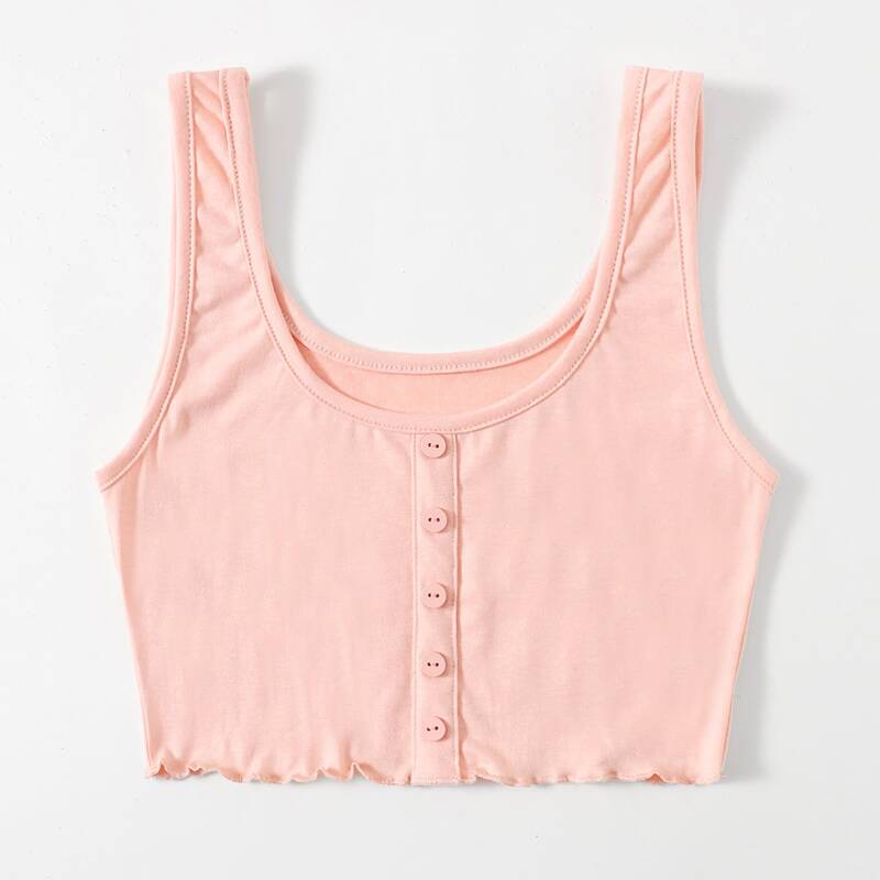 

Lettuce Edge Button Crop Tank Top, Coral pink