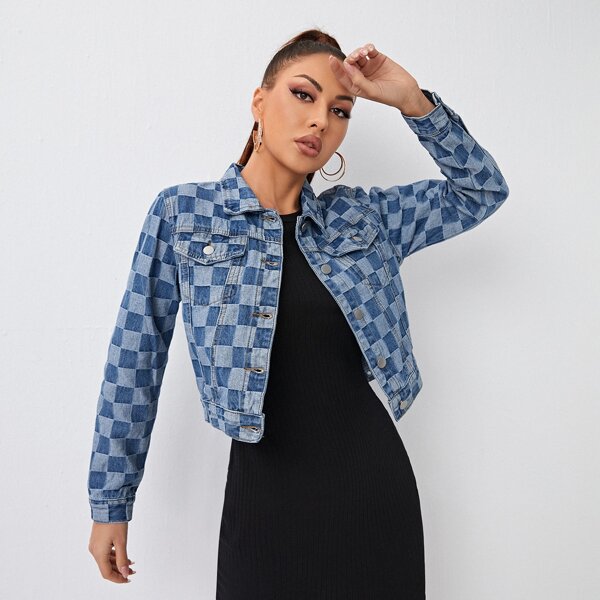 

Checker Pattern Button Front Denim Jacket, Medium wash