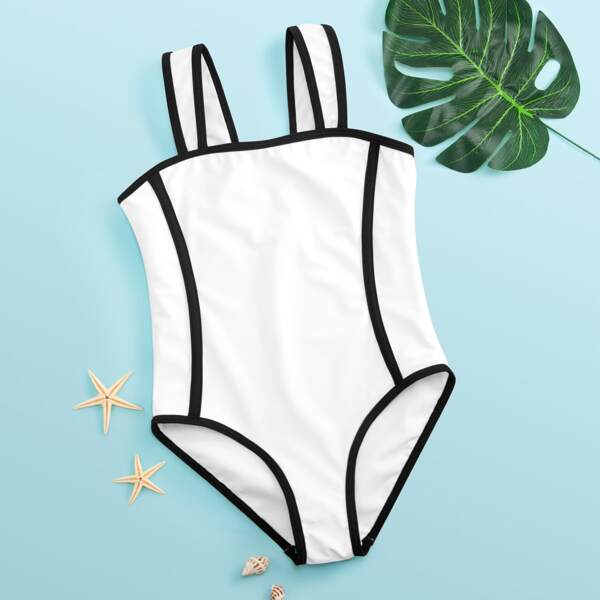 

Girls Contrast Binding One Piece Swimsuit, Black and white