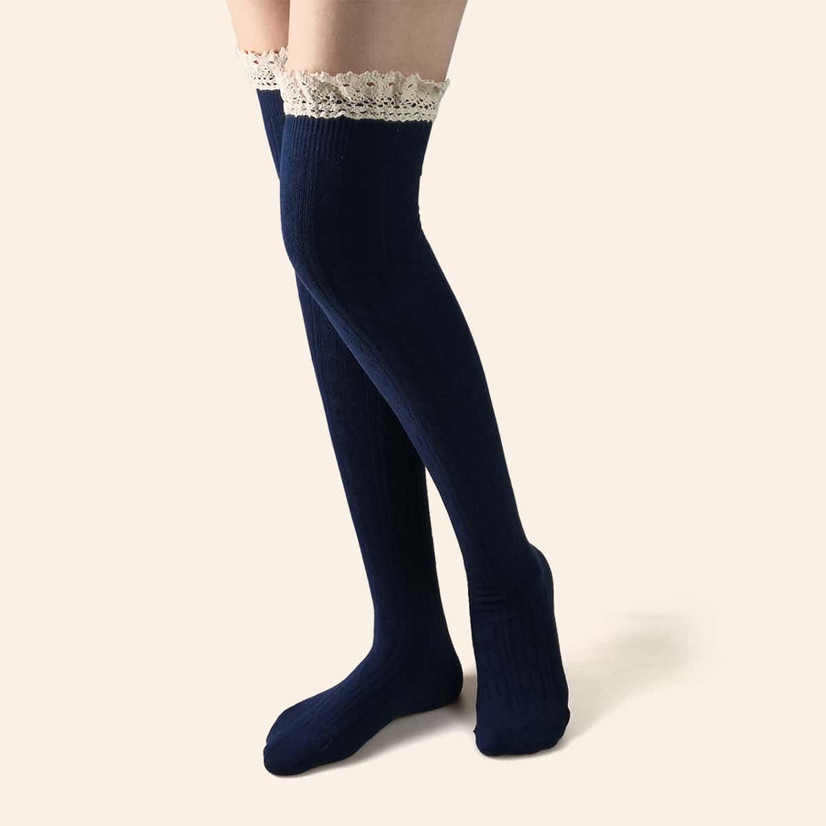 

Lace Trim Over Knee Length Socks, Navy blue