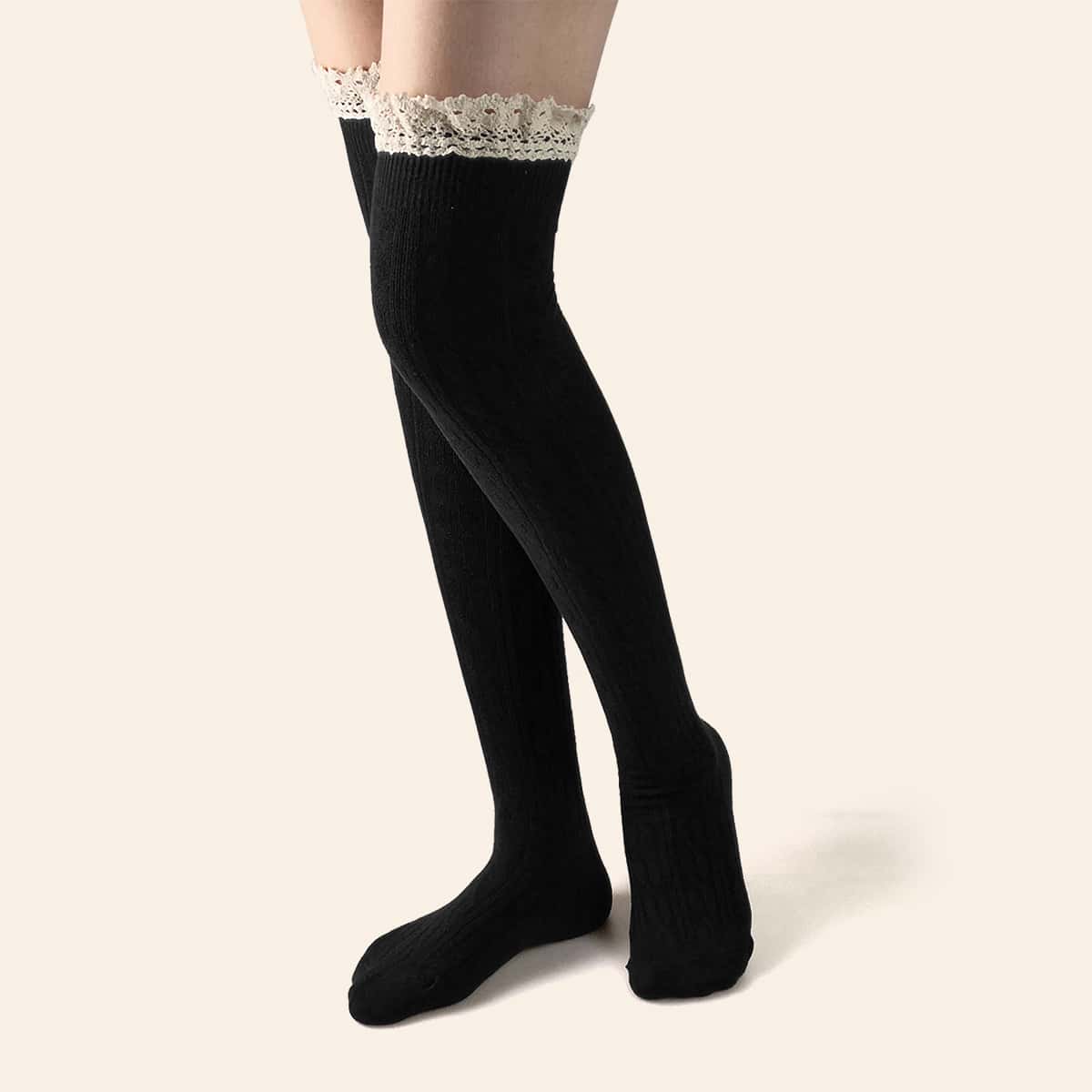 

Lace Trim Over Knee Length Socks, Black
