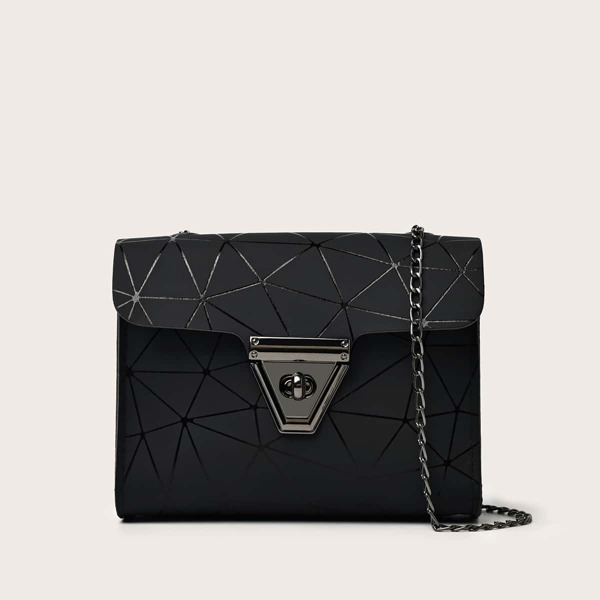 

Geometric Pattern Turn-lock Chain Bag, Black