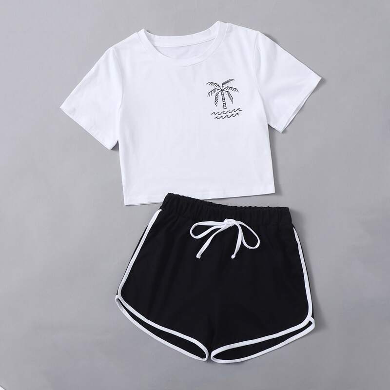 

Plants Print Crop Tee & Dolphin Shorts, White