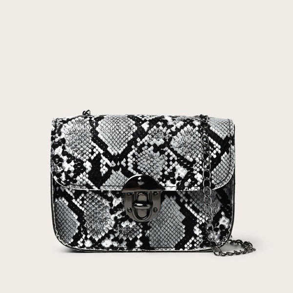 

Turn-lock Snakeskin Chain Bag, Black