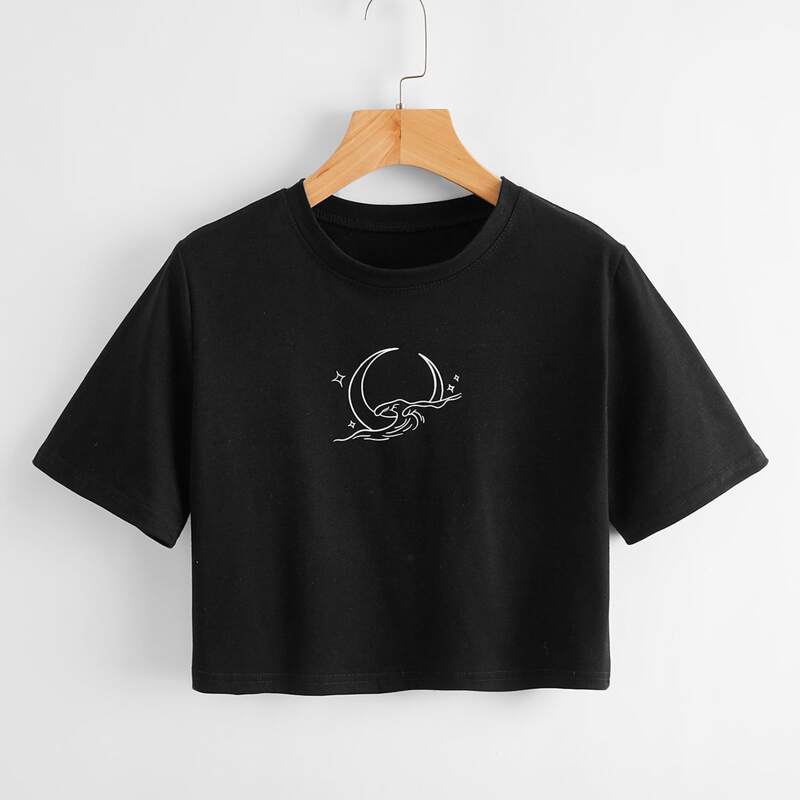 

Moon & Wave Graphic Crop Tee, Black