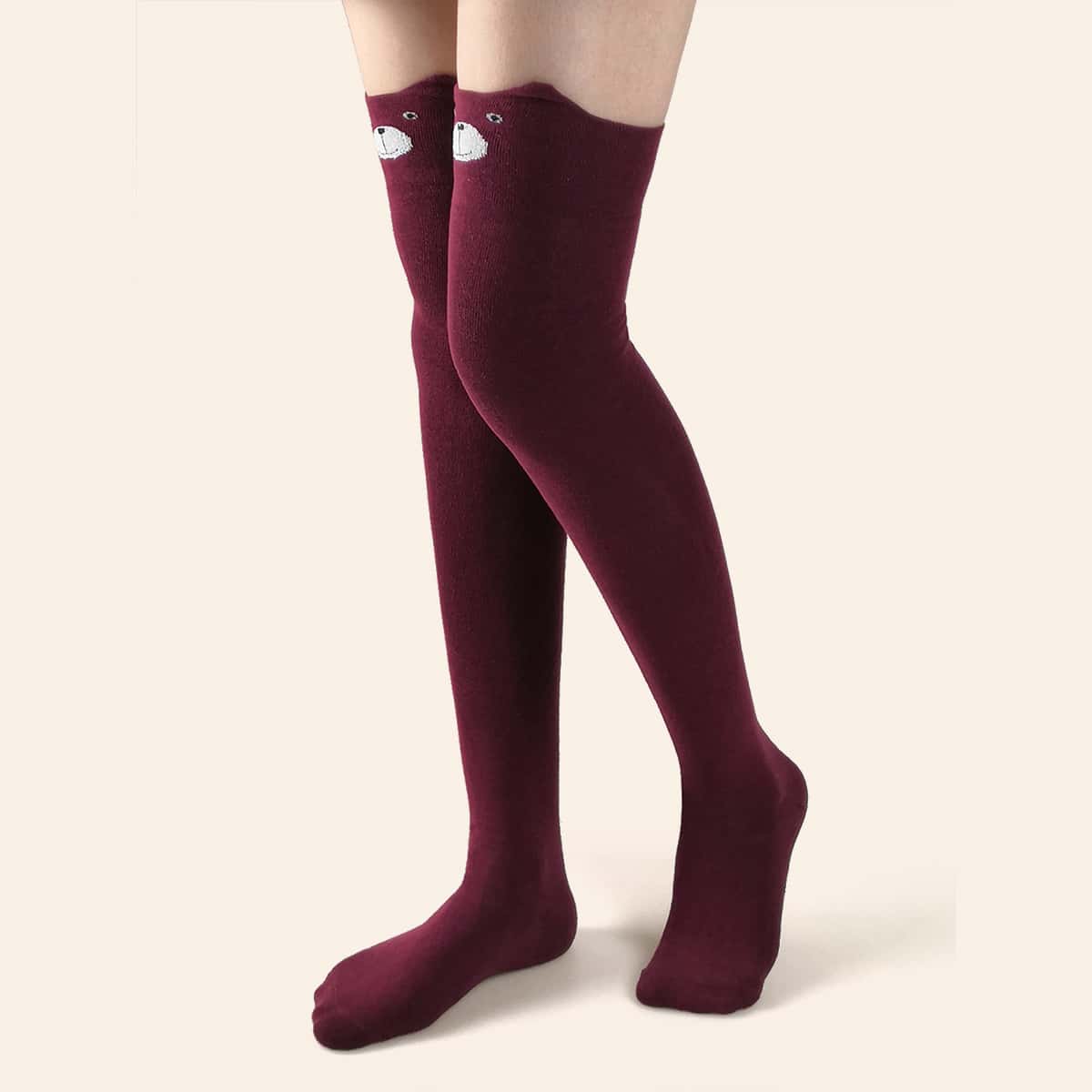 

Cartoon Graphic Over The Knee Socks, Burgundy