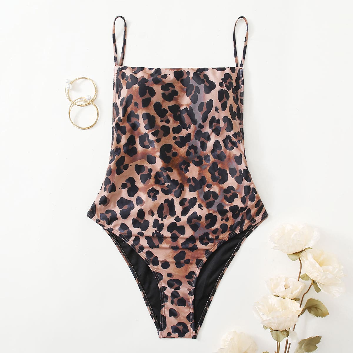 

Leopard Lace-up Back One Piece Swimsuit, Coffee brown