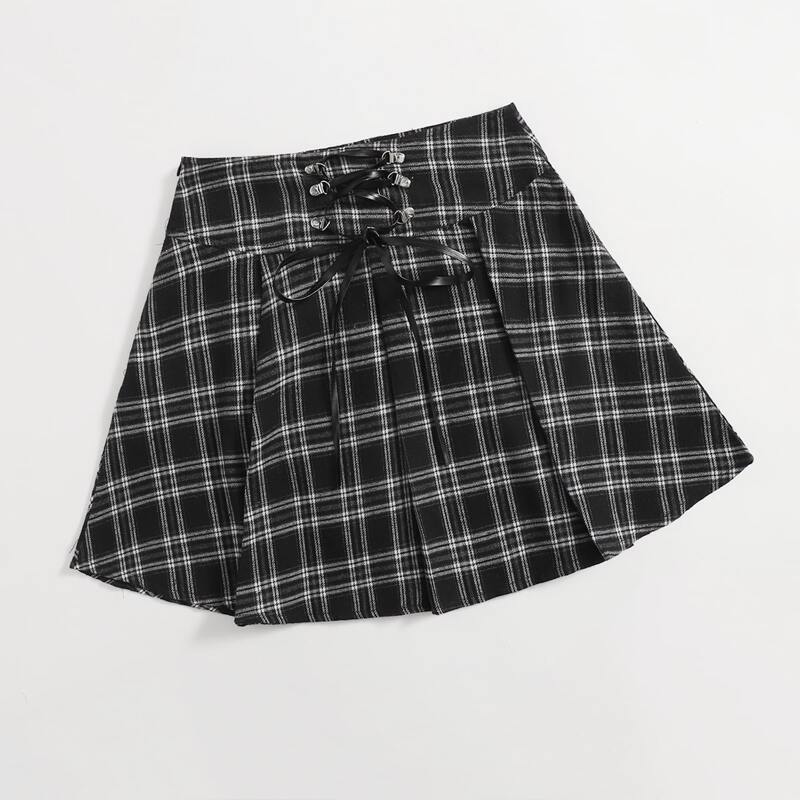 

Lace-up Plaid Flared Skirt, Multicolor