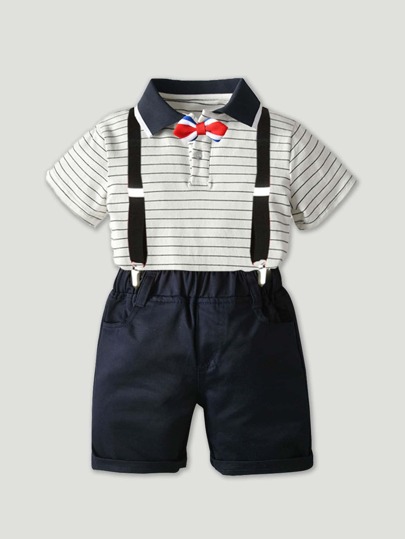 سروال قصير بحمالات مع قميص بولو مخطط للاولاد الصغار