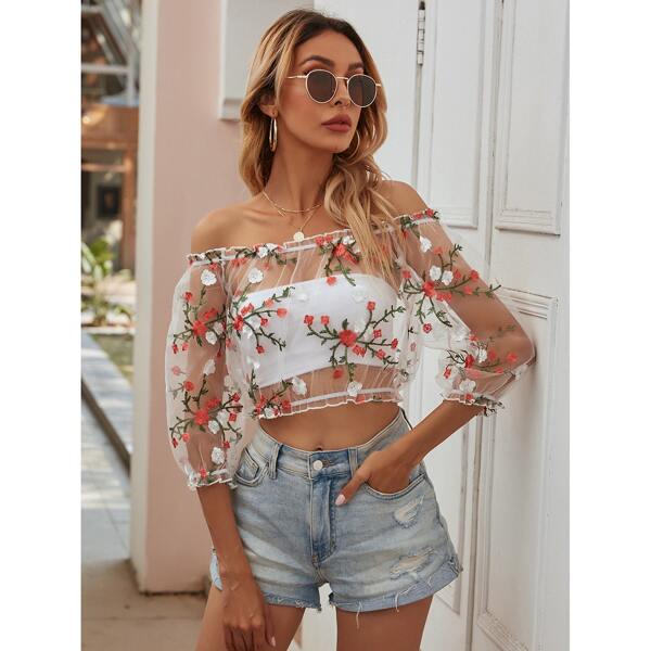 

Frill Trim Sheer Embroidery Mesh Top Without Tube, White
