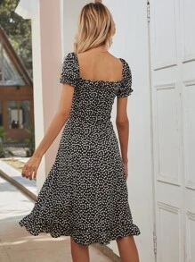 SHEIN VCAY Ditsy Floral Knot Detail Ruffle Hem Milkmaid Dress - Black and White - View 2