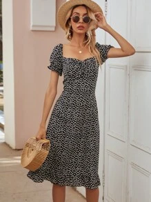 SHEIN VCAY Ditsy Floral Knot Detail Ruffle Hem Milkmaid Dress - Black and White - View 3