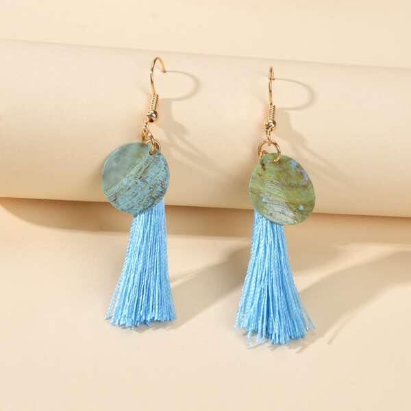

Round Decor Tassel Drop Earrings, Blue